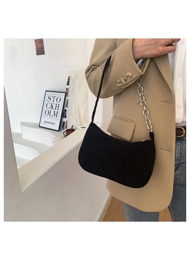 Autumn/winter Small Square Handbag Fashionable Retro Corduroy Single Shoulder Bag Stylish Underarm Breadstick Bag For Women-Color:Chain Black  - Image 1