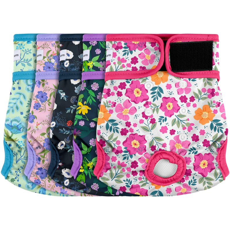 Barklincharm 5 Pack Reusable Diapers for Doggie, Highly Absorbent Dog Diapers Female for Pet with Incontinence or Frequent Urination, Small Dog Diapers Female, Flowers - Image 1