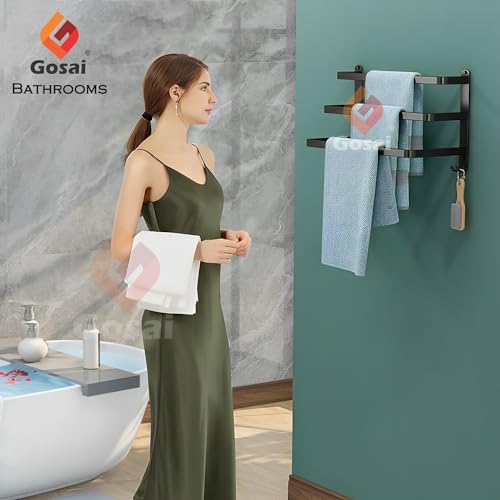 GOSAI Self Adhesive Towel Holder Bathroom Accessories Stainless Steel 3-Tier Towel Rack Towel Rack Rack Shelf for Bathroom Towel Holder Towel Rail Towel Hanger for Kitchen Towel Stand (Black,16 inch) - Image 3