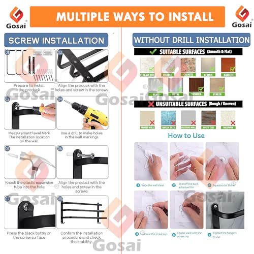 GOSAI Self Adhesive Towel Holder Bathroom Accessories Stainless Steel 3-Tier Towel Rack Towel Rack Rack Shelf for Bathroom Towel Holder Towel Rail Towel Hanger for Kitchen Towel Stand (Black,16 inch) - Image 5