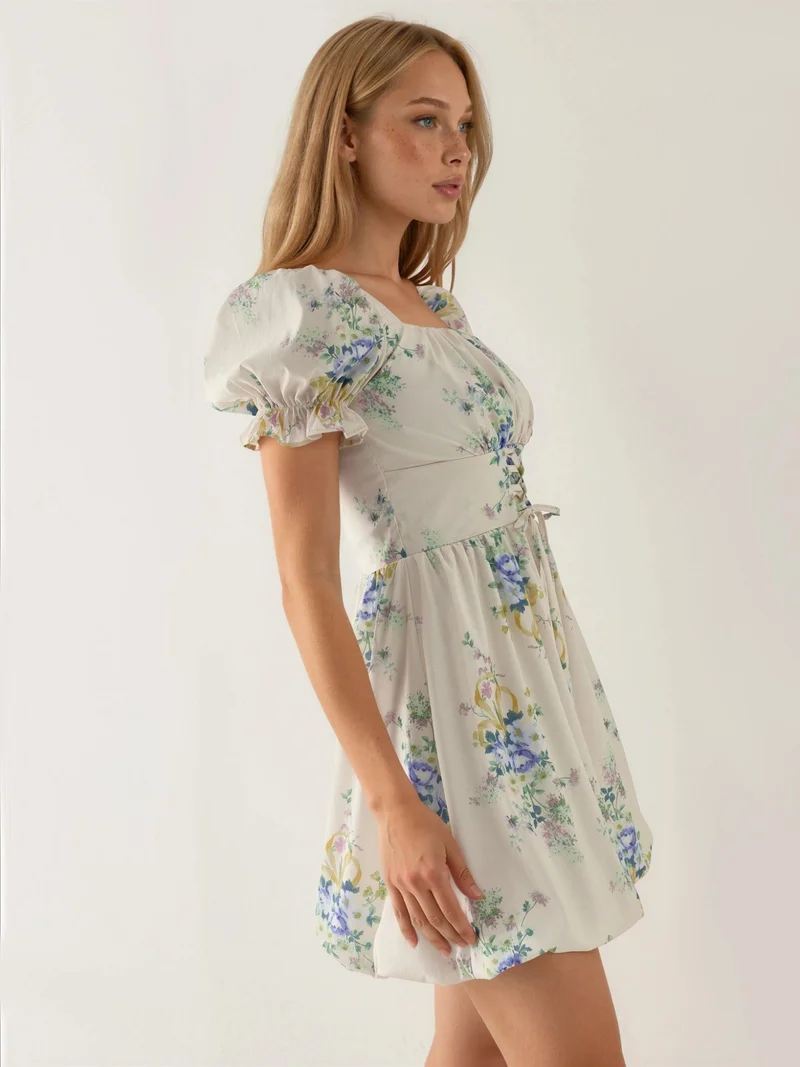 بوسيم BUSEM Floral A-Line Mini Dress with Tie Detail
