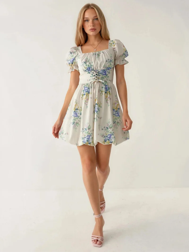 Busem Cream Natural BUSEM Floral A-Line Mini Dress with Tie Detail for Women | Best Price UAE
