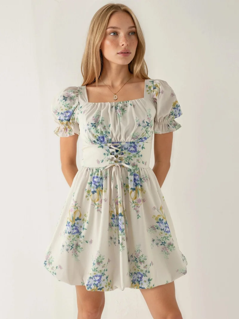 بوسيم BUSEM Floral A-Line Mini Dress with Tie Detail