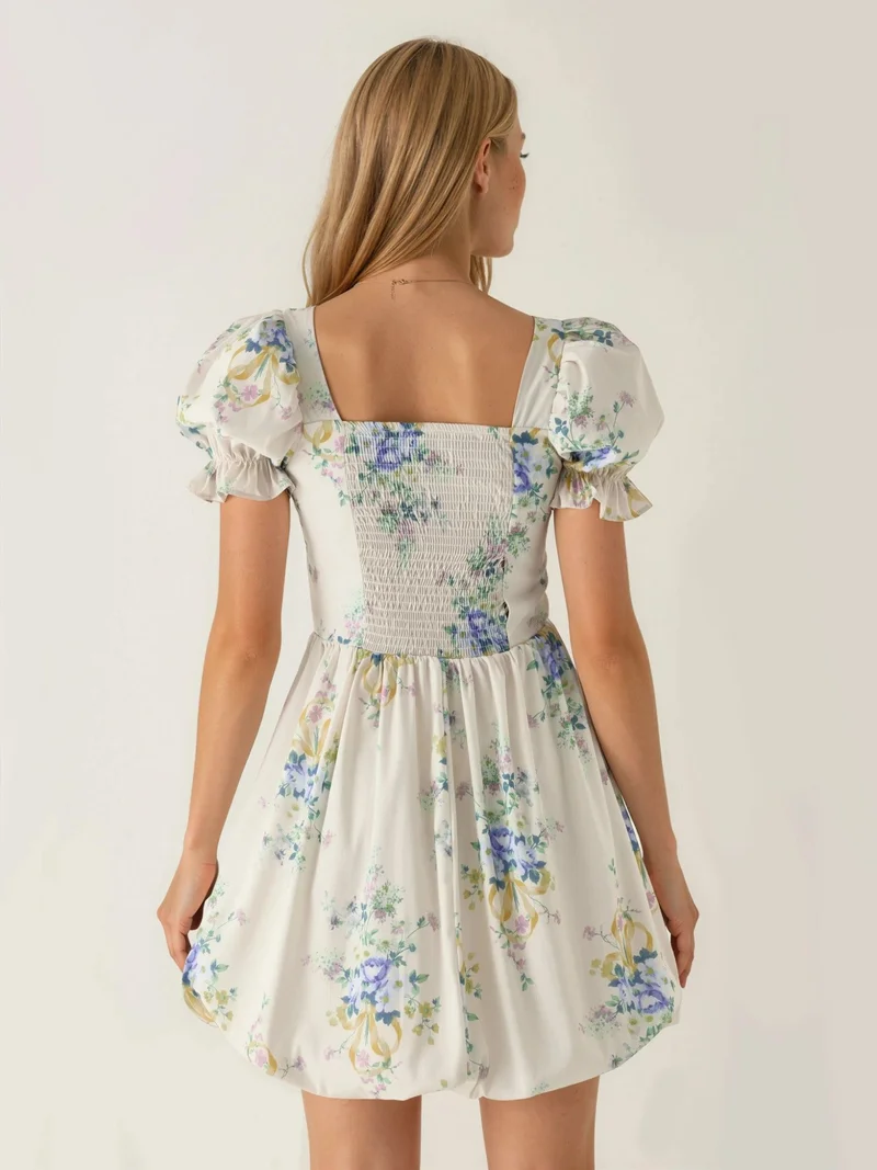Busem Cream Natural BUSEM Floral A-Line Mini Dress with Tie Detail for Women | Best Price UAE