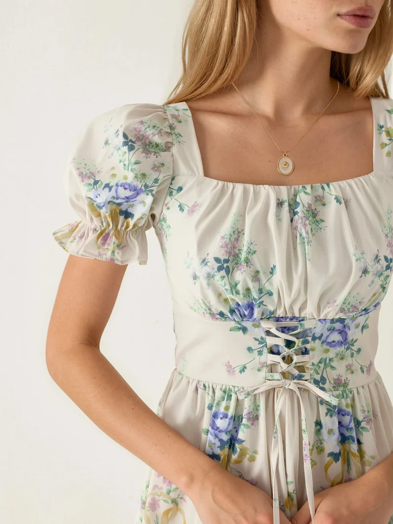 Busem Cream Natural BUSEM Floral A-Line Mini Dress with Tie Detail for Women | Best Price UAE