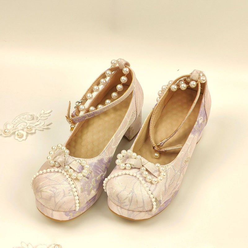Independent Station Supply Spring 2025 High Heel Thick Bottom Solid Color 30-43 Size Size Beaded Shallow Mouth Hanfu Shoes - Image 2