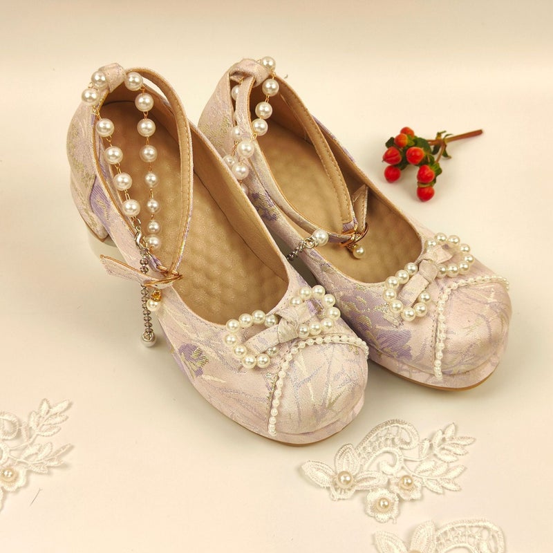 Independent Station Supply Spring 2025 High Heel Thick Bottom Solid Color 30-43 Size Size Beaded Shallow Mouth Hanfu Shoes - Image 3