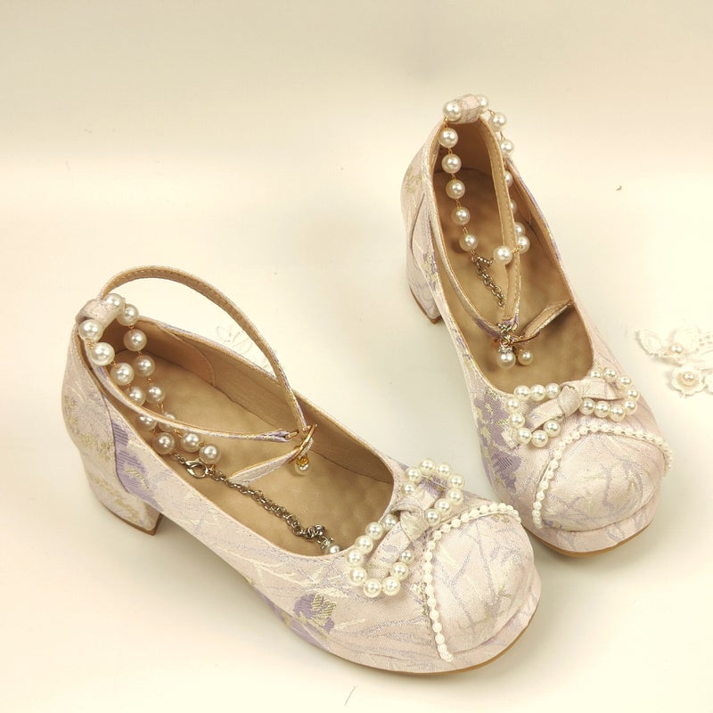 Independent Station Supply Spring 2025 High Heel Thick Bottom Solid Color 30-43 Size Size Beaded Shallow Mouth Hanfu Shoes - Image 5