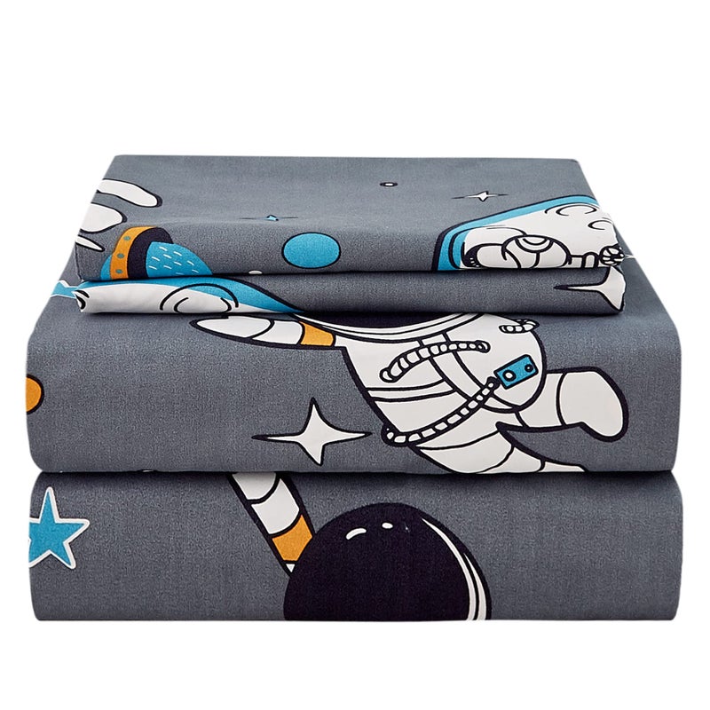 JSD Grey Astronaut Kids Sheet Set Twin Size 3 Piece Boys Space Adventure Printed Microfiber Sheets Deep Pocket
