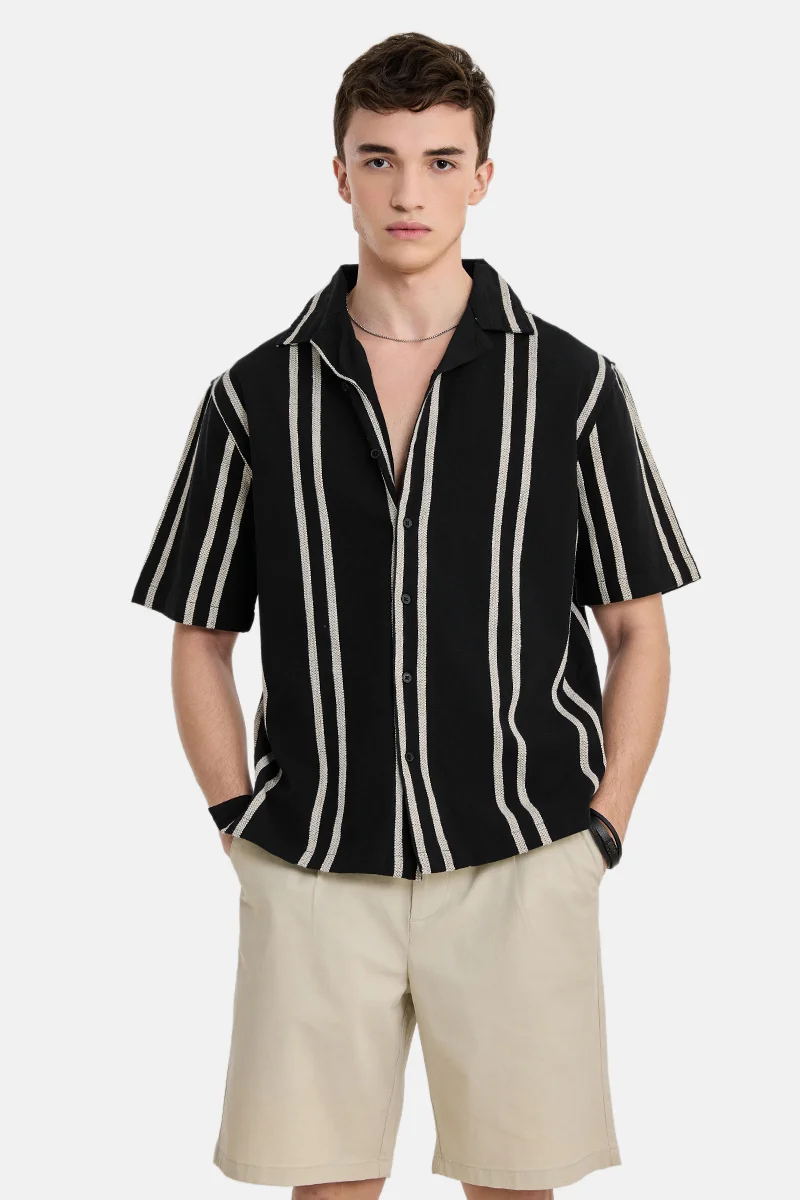 سنيتش Black Striped Half Sleeve Boxy Shirt