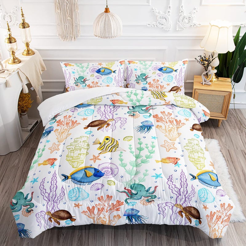 XYNHML Turtle Comforter Set Twin Ocean Watercolor Sea Turtle Bedding Set Tropical Fish Marine Life Bed Set with 2 Pillowcases for Kids Room Decor - Image 2
