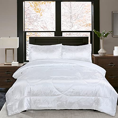 Raytrue-X Queen Comforter Set - All Season Bed Comforter Set, 3 Piece Satin Silk Blanket, Luxury White Jacquard Quilt, Soft Bedding Sets With Matching 2 Pillow Shams (Full/Queen, 88x88 inches) - Image 5