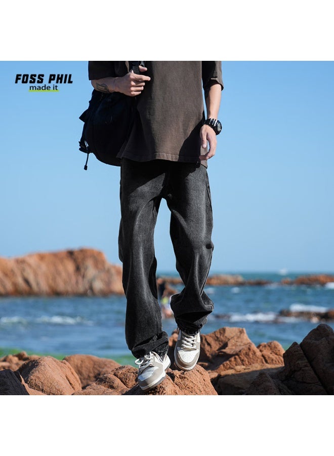 Foss Phil Men's Jeans, Spring And Summer, Wide-leg, Loose-fit, Versatile, Casual, Trendy, Straight-leg Pants, 23kg8374, Black, 2XL - Image 1