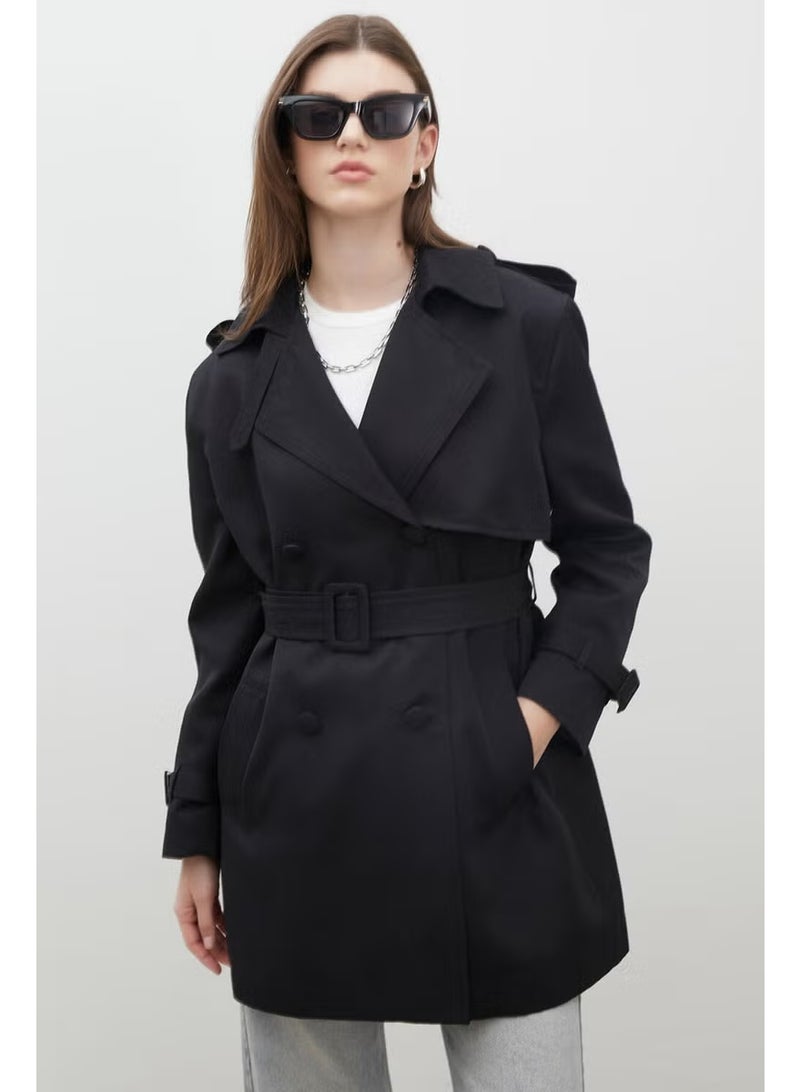 Manuka Chelsea Double Breasted Trench Coat Black - Image 4