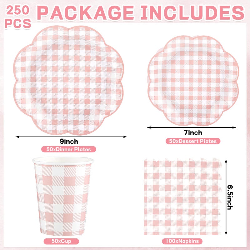 NatNarr 250 Pcs Pink Gingham Party Supplies, Scalloped Pink and White Checkered Tableware Set Includes Disposable Plates Napkins and Cups for Wedding Birthday Picnic Baby Bridal Shower - Image 3