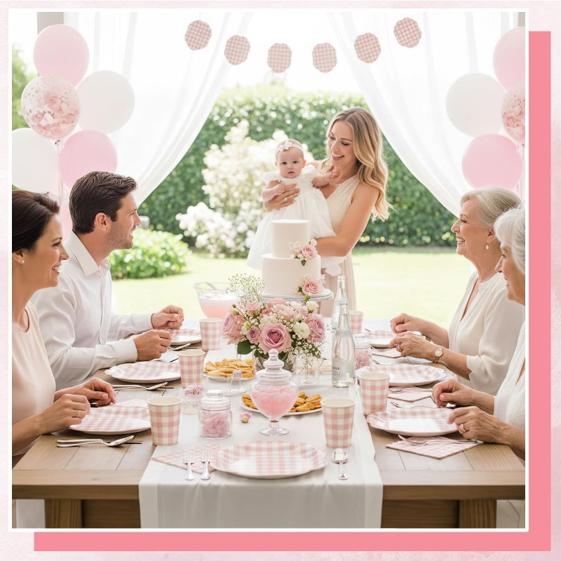 NatNarr 250 Pcs Pink Gingham Party Supplies, Scalloped Pink and White Checkered Tableware Set Includes Disposable Plates Napkins and Cups for Wedding Birthday Picnic Baby Bridal Shower - Image 5