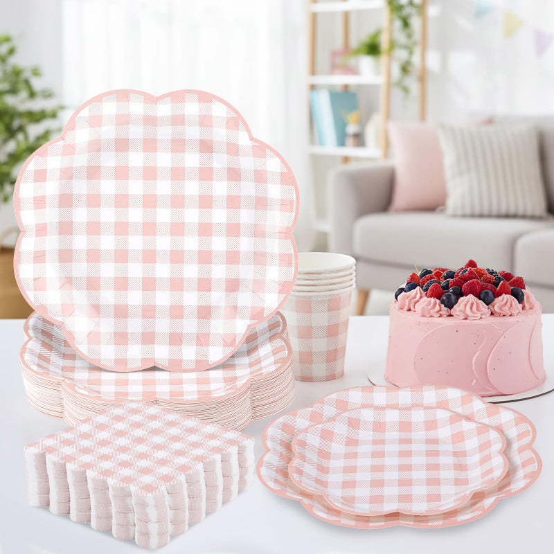 NatNarr 250 Pcs Pink Gingham Party Supplies, Scalloped Pink and White Checkered Tableware Set Includes Disposable Plates Napkins and Cups for Wedding Birthday Picnic Baby Bridal Shower - Image 2