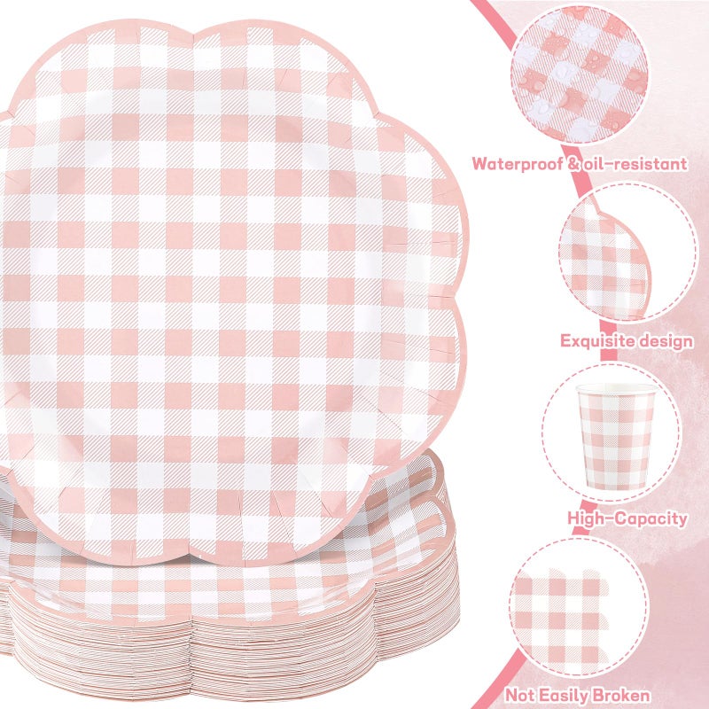 NatNarr 250 Pcs Pink Gingham Party Supplies, Scalloped Pink and White Checkered Tableware Set Includes Disposable Plates Napkins and Cups for Wedding Birthday Picnic Baby Bridal Shower - Image 4