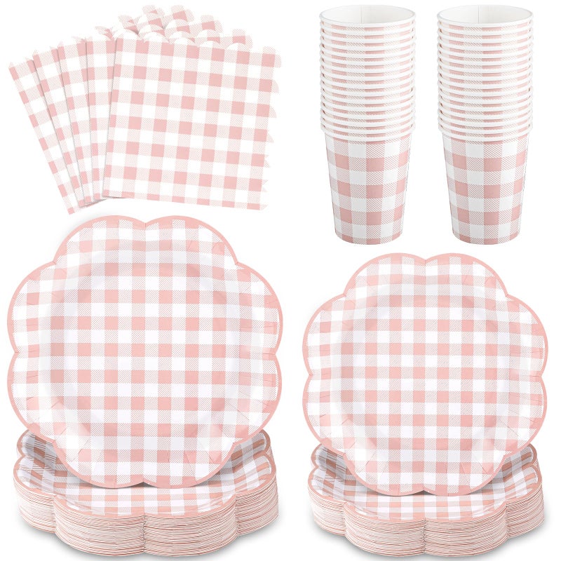 NatNarr 250 Pcs Pink Gingham Party Supplies, Scalloped Pink and White Checkered Tableware Set Includes Disposable Plates Napkins and Cups for Wedding Birthday Picnic Baby Bridal Shower - Image 1