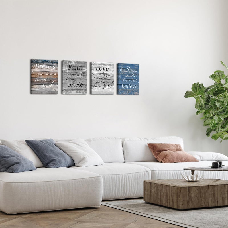 LevvArts Vintage Motivaional Wall Art Rustic Love Faith Believe Dream Wall Decor Inspirational Encouraging Pictures Canvas Prints Blue and Grey Decoration - Image 3