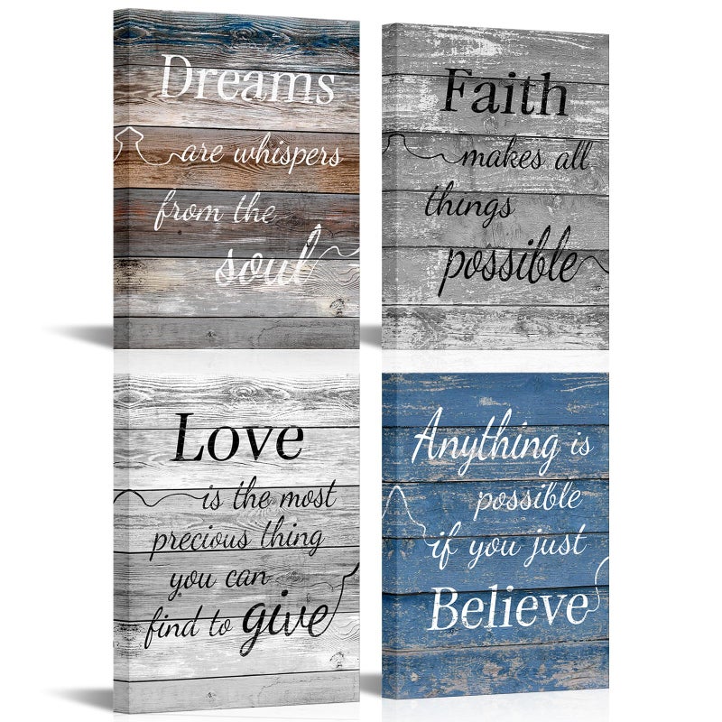 LevvArts Vintage Motivaional Wall Art Rustic Love Faith Believe Dream Wall Decor Inspirational Encouraging Pictures Canvas Prints Blue and Grey Decoration - Image 1