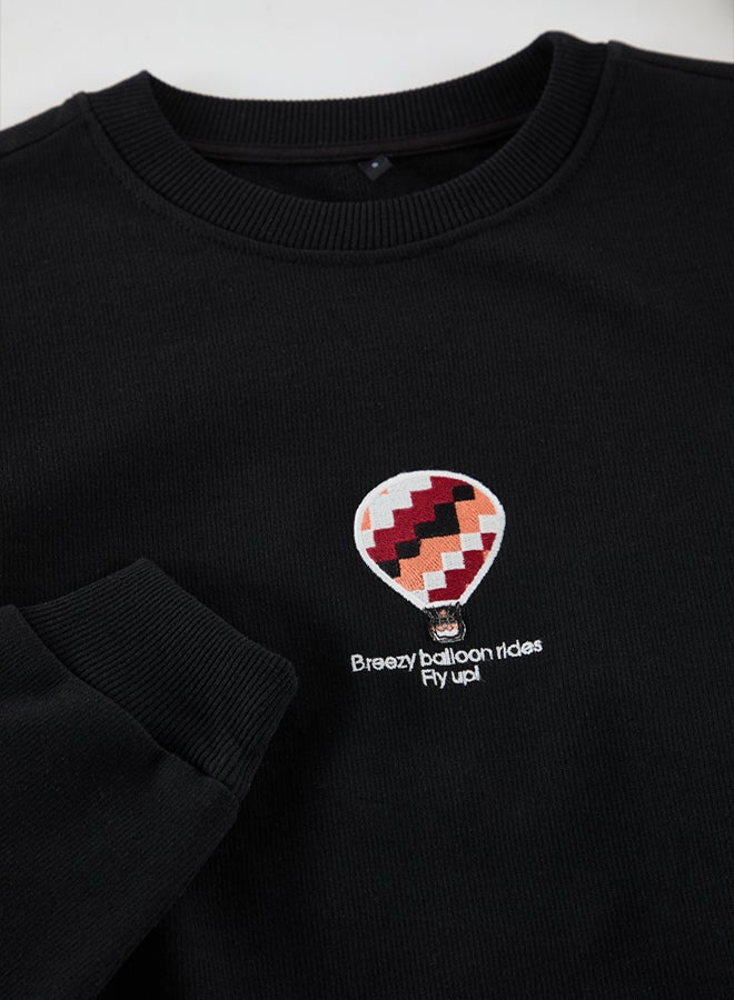 trendyol Black Oversize/Wide Cut Crew Neck Textured Embroidery Detailed Sweatshirt TMNAW25SW00155 - Image 5