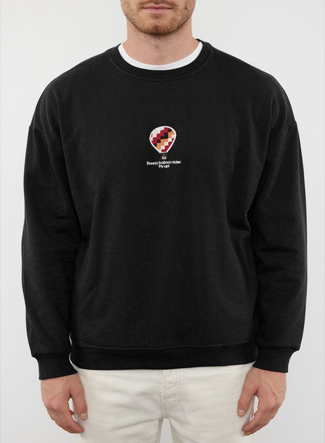 trendyol Black Oversize/Wide Cut Crew Neck Textured Embroidery Detailed Sweatshirt TMNAW25SW00155 - Image 3