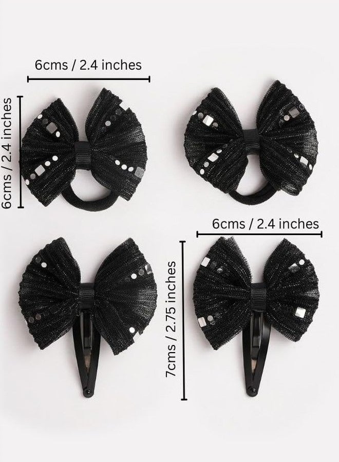 Ribbon Candy- Combo : 1 Pair shiny bow tic-tac pins (2 pc), and 1 pair matching bow rubberbands (2 pc) - Black - Image 5