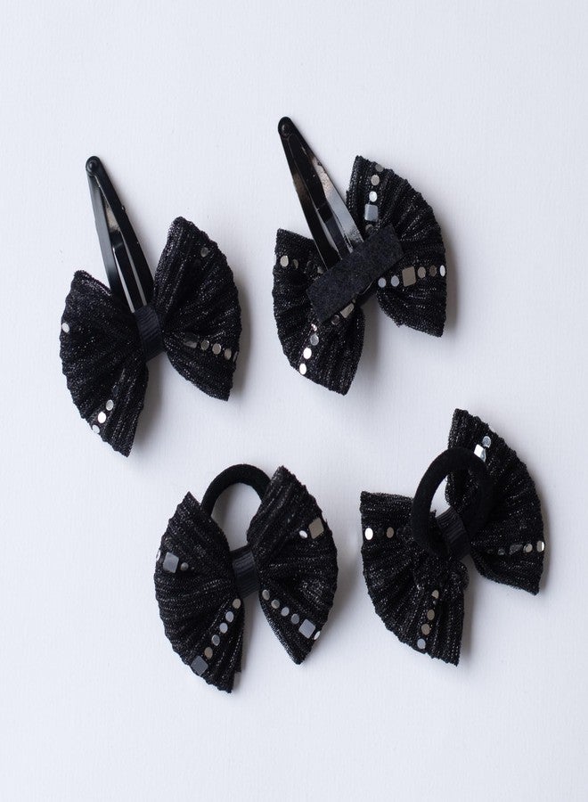 Ribbon Candy- Combo : 1 Pair shiny bow tic-tac pins (2 pc), and 1 pair matching bow rubberbands (2 pc) - Black - Image 2