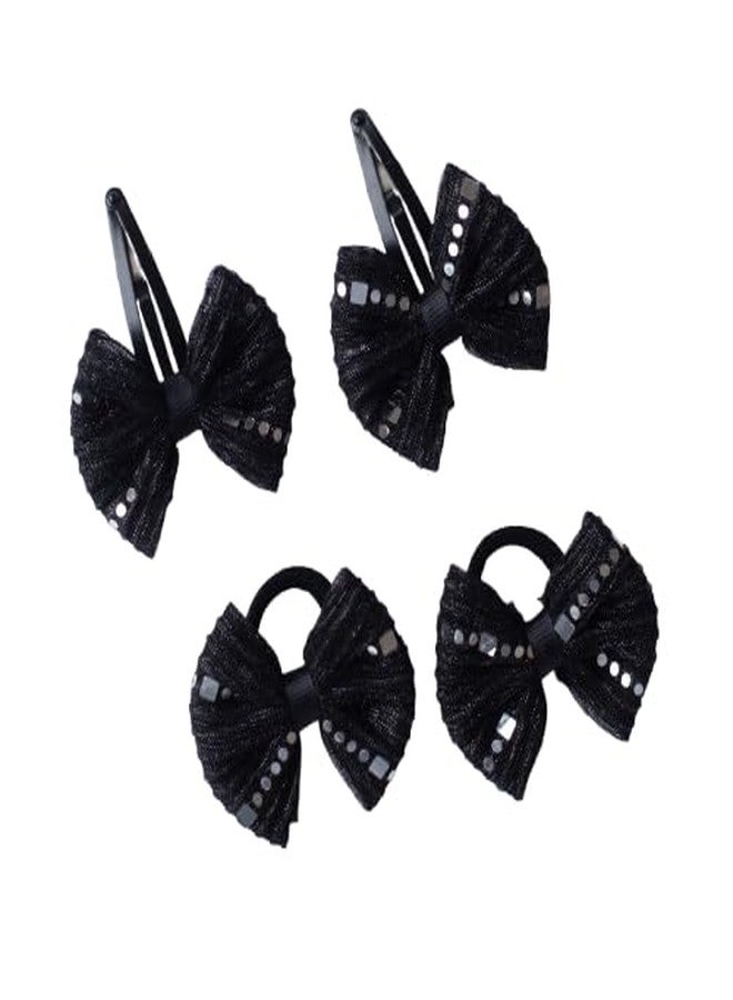 Ribbon Candy- Combo : 1 Pair shiny bow tic-tac pins (2 pc), and 1 pair matching bow rubberbands (2 pc) - Black - Image 1