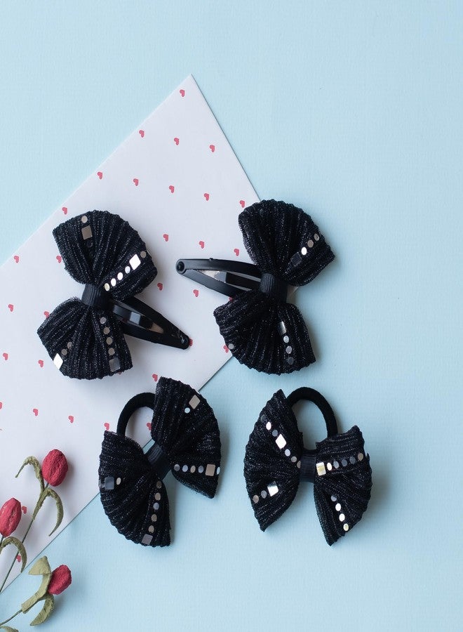Ribbon Candy- Combo : 1 Pair shiny bow tic-tac pins (2 pc), and 1 pair matching bow rubberbands (2 pc) - Black - Image 3