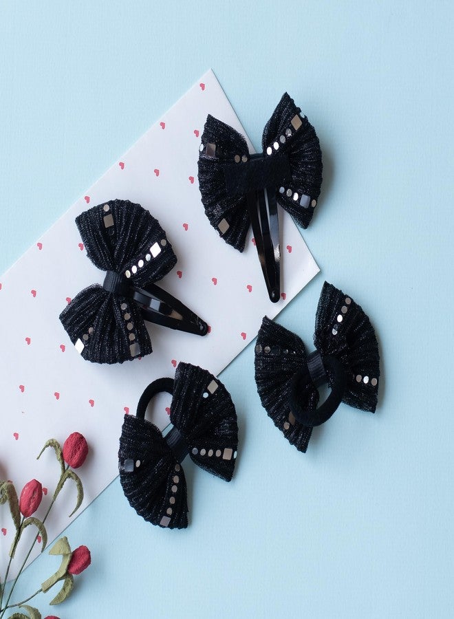 Ribbon Candy- Combo : 1 Pair shiny bow tic-tac pins (2 pc), and 1 pair matching bow rubberbands (2 pc) - Black - Image 4