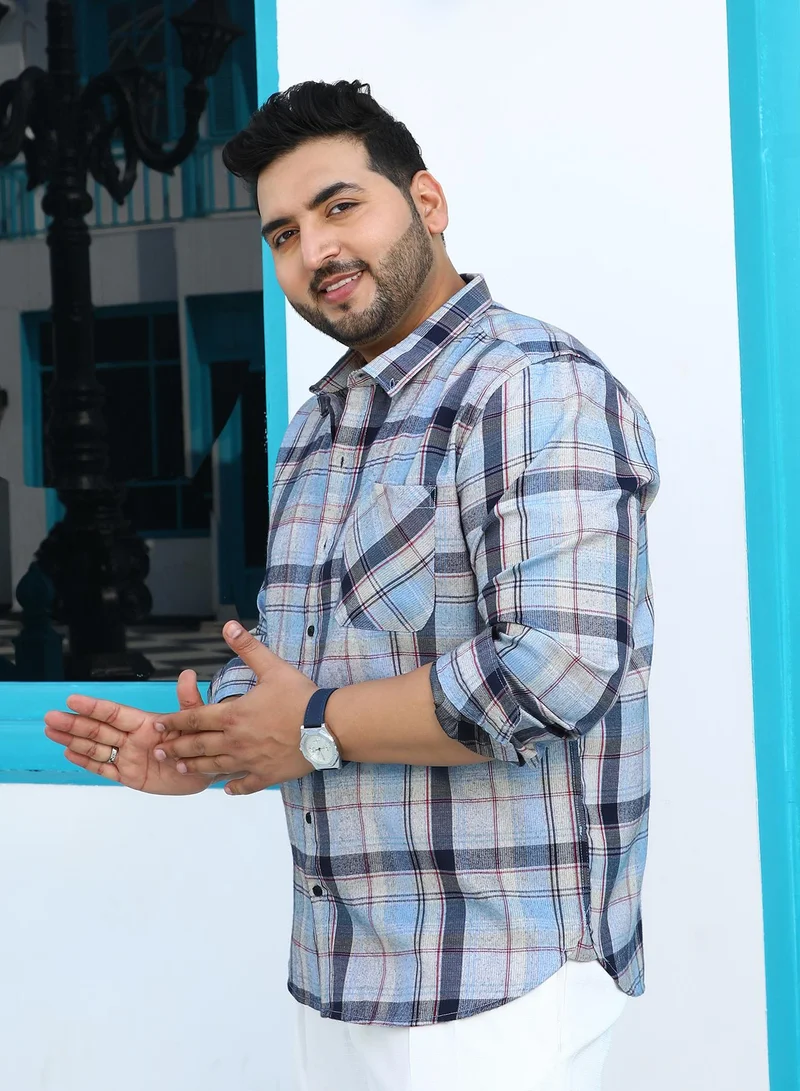 Instafab Plus  Instafab Plus Men's Baby Blue Tartan-Utility Shirt For Casual Wear | Spread Collar | Long Cuffed Sleeves | Button Closure | Plus Size Shirt Crafted With Comfort Fit For Everyday Wear for Men | Best Price UAE