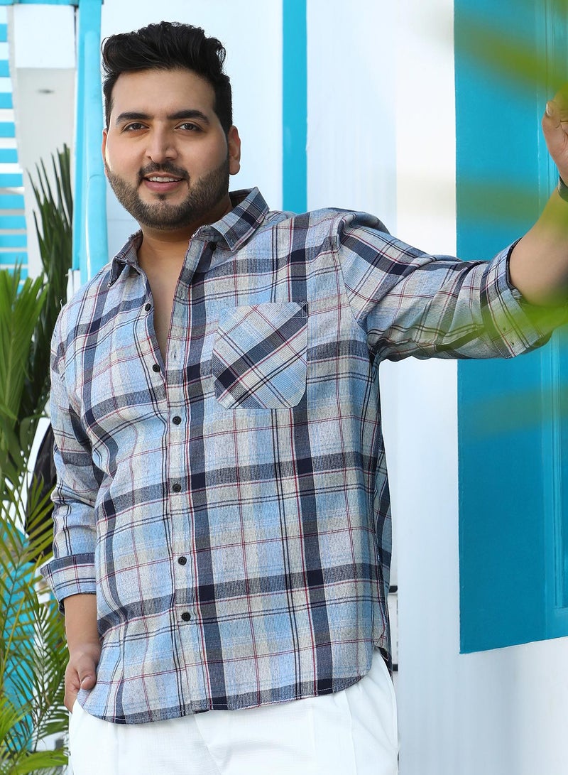 Instafab Plus Men's Baby Blue Tartan-Utility Shirt For Casual Wear | Spread Collar | Long Cuffed Sleeves | Button Closure | Plus Size Shirt Crafted With Comfort Fit For Everyday Wear - Image 1