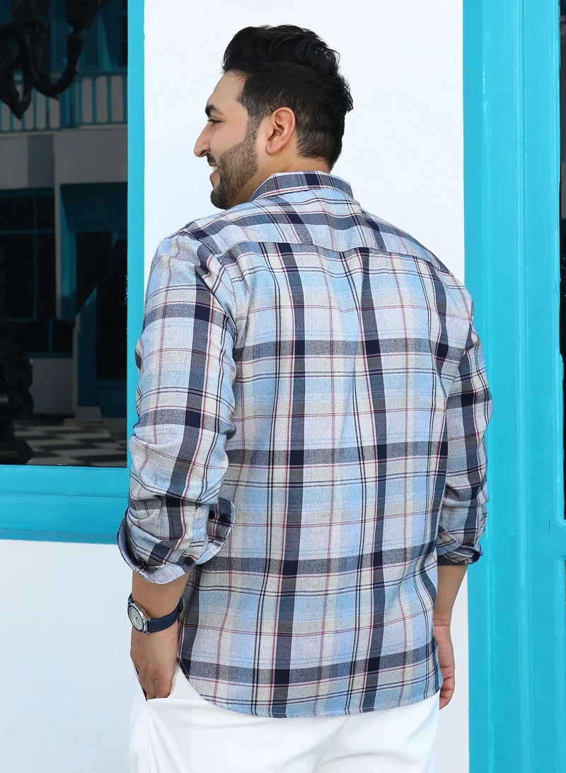Instafab Plus  Instafab Plus Men's Baby Blue Tartan-Utility Shirt For Casual Wear | Spread Collar | Long Cuffed Sleeves | Button Closure | Plus Size Shirt Crafted With Comfort Fit For Everyday Wear for Men | Best Price UAE