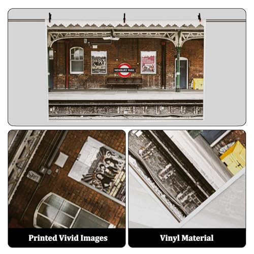 AOFOTO 8x6ft Train Station Backdrop Railway Platform Old Brick Wall Nostalgic Playbill Bench Photography Background Locomotive Track City Buildings Portrait Photoshoot Studio Props Vinyl Wallpaper - Image 3