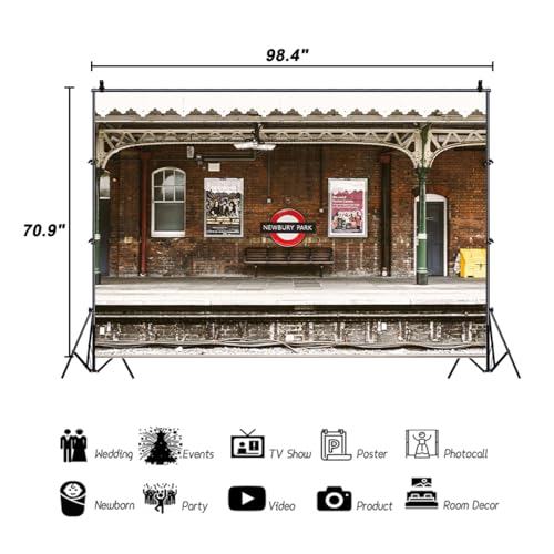 AOFOTO 8x6ft Train Station Backdrop Railway Platform Old Brick Wall Nostalgic Playbill Bench Photography Background Locomotive Track City Buildings Portrait Photoshoot Studio Props Vinyl Wallpaper - Image 5