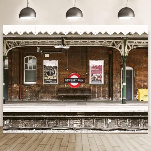 AOFOTO 8x6ft Train Station Backdrop Railway Platform Old Brick Wall Nostalgic Playbill Bench Photography Background Locomotive Track City Buildings Portrait Photoshoot Studio Props Vinyl Wallpaper - Image 4