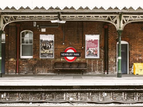 AOFOTO 8x6ft Train Station Backdrop Railway Platform Old Brick Wall Nostalgic Playbill Bench Photography Background Locomotive Track City Buildings Portrait Photoshoot Studio Props Vinyl Wallpaper - Image 1
