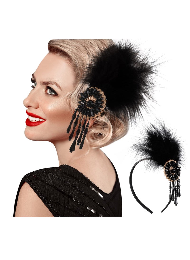 Feather Headband Flapper Headpiece 1920s Accessories for Women Vintage Headband with Crystal Accessories for Art Decor Pageant Themed Party - Image 1