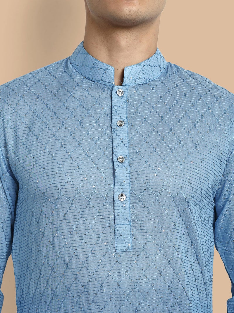 Vardha Men's Cotton Chikankari Embroidered and Sequence Full Sleeve Knee Length Casual Kurta for All Occations Like Wedding, Office & Events (MK_34_XXL_LK) Light Blue - Image 4