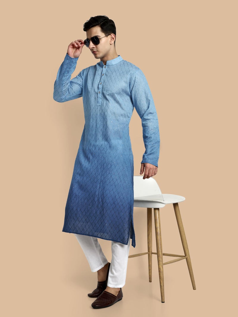 Vardha Men's Cotton Chikankari Embroidered and Sequence Full Sleeve Knee Length Casual Kurta for All Occations Like Wedding, Office & Events (MK_34_XXL_LK) Light Blue - Image 5