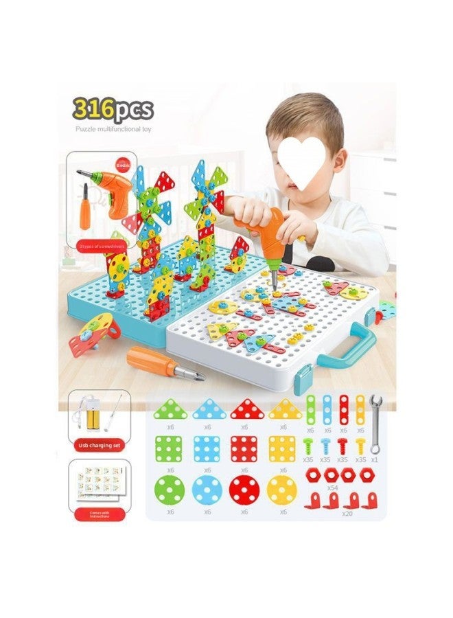 Screw-twisting Toy Children's Nail Electric Drill Work Box Baby Hands-on Assembly Mother Assembly Building Blocks Boy One Piece Wholesale-Color:316 Pieces-3D Puzzle With Electric Drill + Charging Suit - Image 1