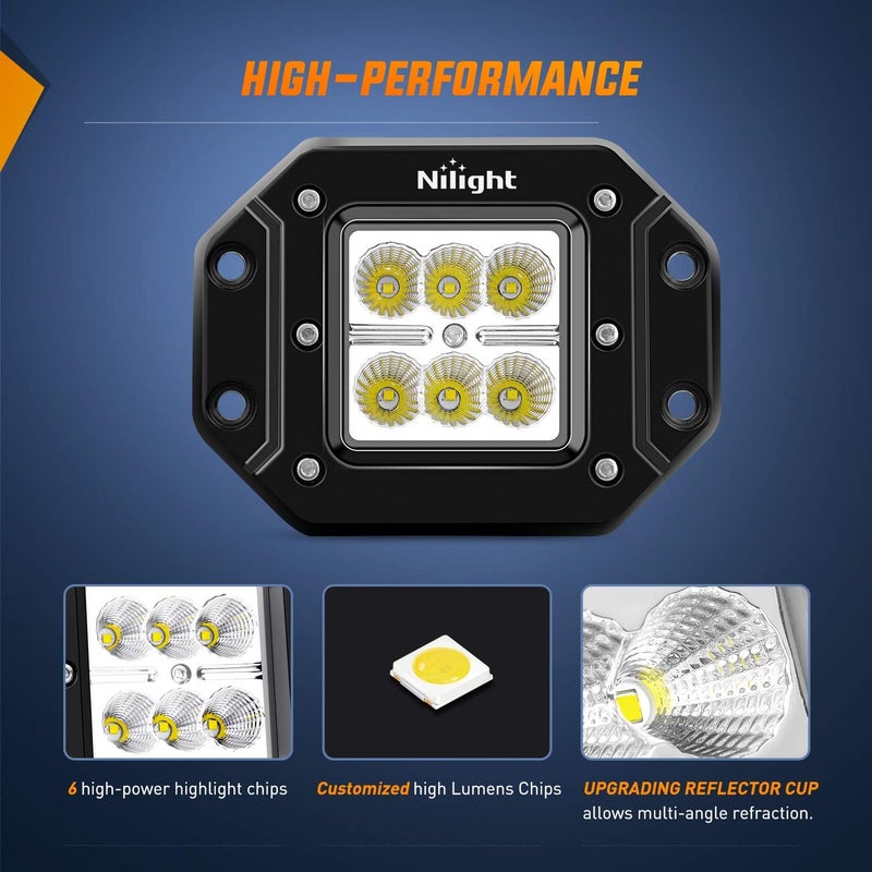 Nilight - NI23C-18W 2PCS 18W Flood LED Work Light Driving Lights Led Light Bar Off Road Led Lights Flush Mount for Jeep Truck Tacoma Bumper ATV UTV,2 Years Warranty - Image 3