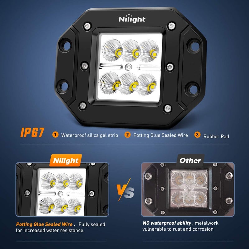 Nilight - NI23C-18W 2PCS 18W Flood LED Work Light Driving Lights Led Light Bar Off Road Led Lights Flush Mount for Jeep Truck Tacoma Bumper ATV UTV,2 Years Warranty - Image 4