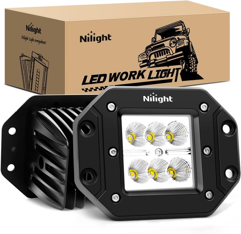 Nilight - NI23C-18W 2PCS 18W Flood LED Work Light Driving Lights Led Light Bar Off Road Led Lights Flush Mount for Jeep Truck Tacoma Bumper ATV UTV,2 Years Warranty - Image 1