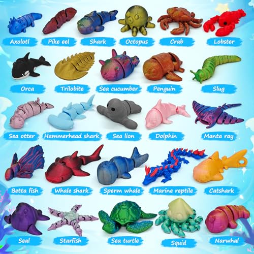 CHolic 26Pcs 3D Printed Ocean Animals Set Mini Animals 3D Printed Toys Ocean Animal Figurines Toys Fidget Articulated Flexible Toy for Party Favors Birthday Gifts Office Desktop Christmas Decoration - Image 5