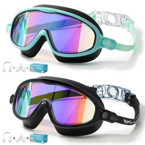 AzureWings 2 Pack Swim Goggles for Kids No Leak AntiFog AntiUV Swimming Goggles for Boys Girls Children 414 Green Mirrored Black Mirrored - Image 1