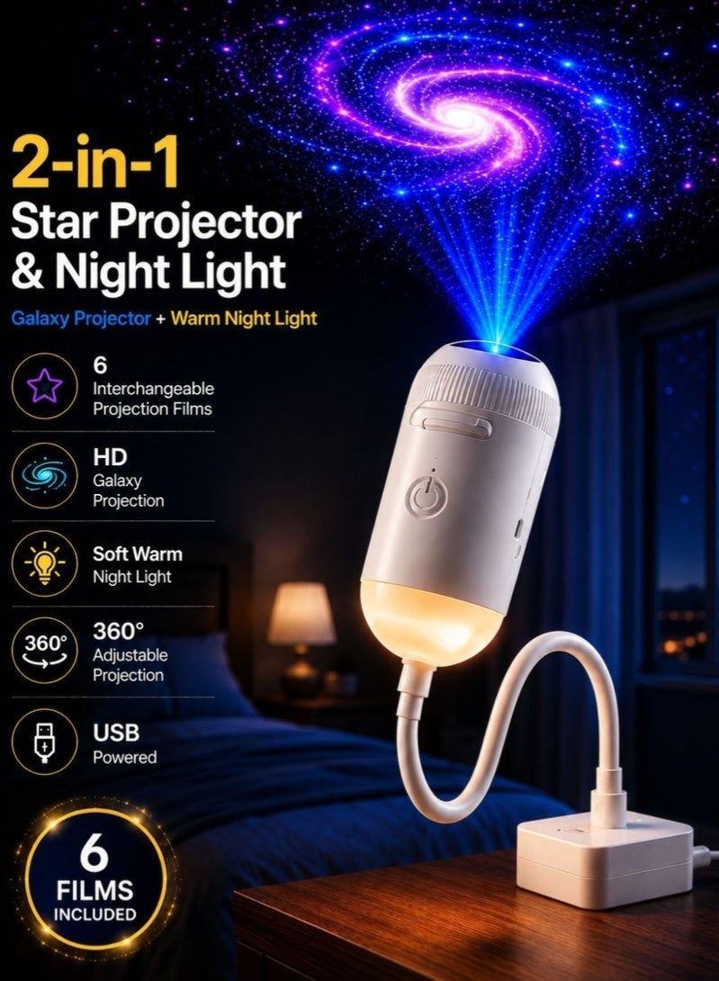 ELTRAZONE 2-in-1 Galaxy Star Projector & Warm Night Light with 6 Projection Films, USB Powered - Image 1
