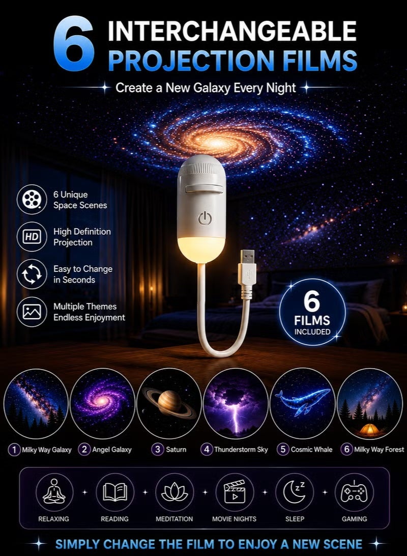 ELTRAZONE 2-in-1 Galaxy Star Projector & Warm Night Light with 6 Projection Films, USB Powered - Image 2